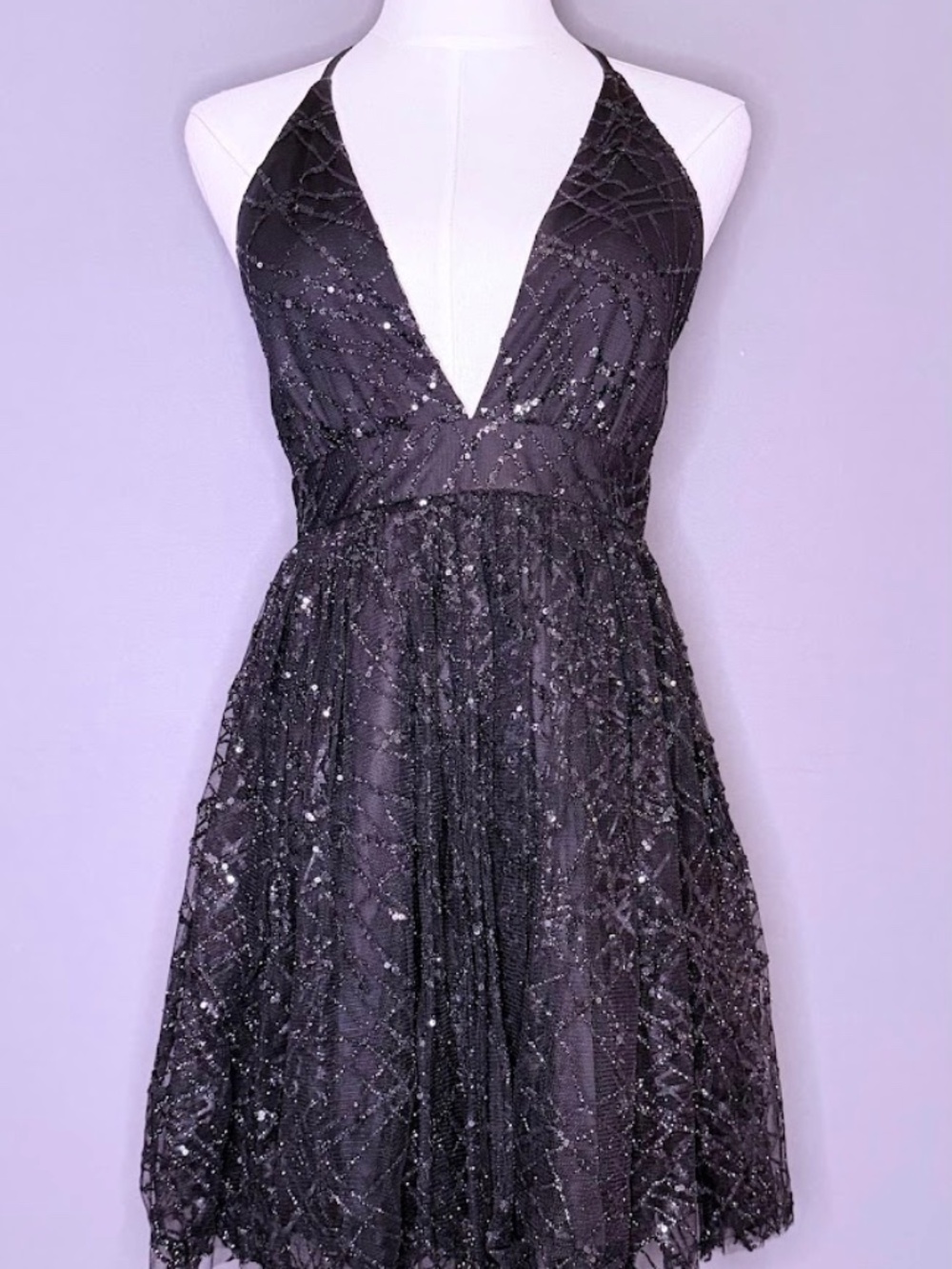 Luxxel Black Sequin Halter Dress Size S Fit & Flare Party Dress